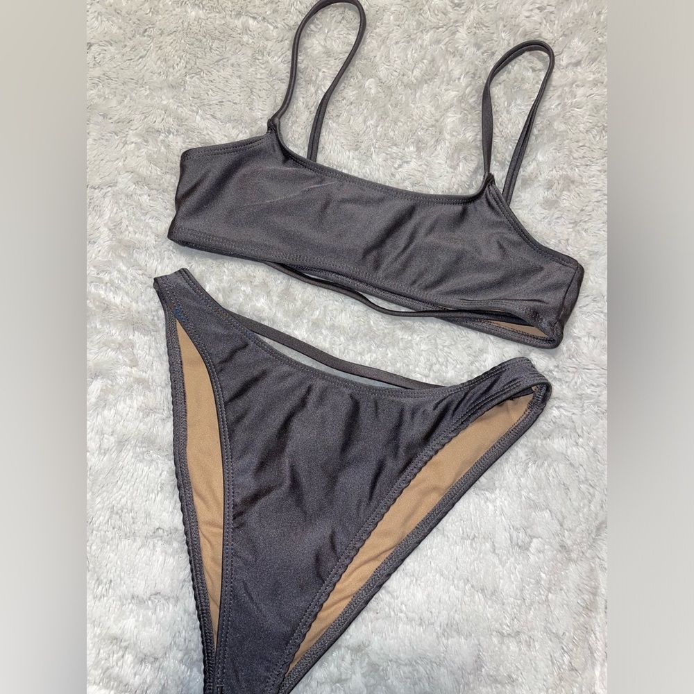 NWOT💜🩶Forplay Shimmer Purple Gray Strappy Detail Bikini Set